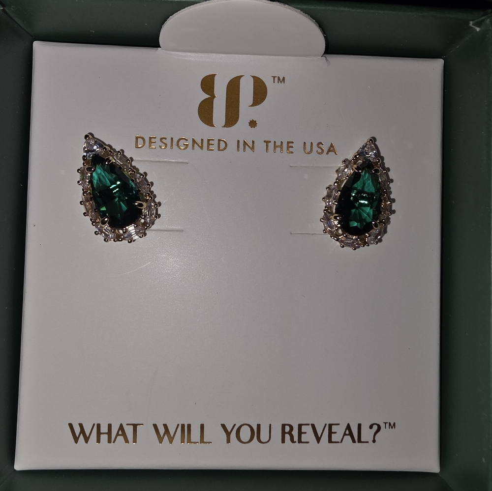 Gold. Emerald Teardrop Crystal Stud Earrings - Designed in the USA